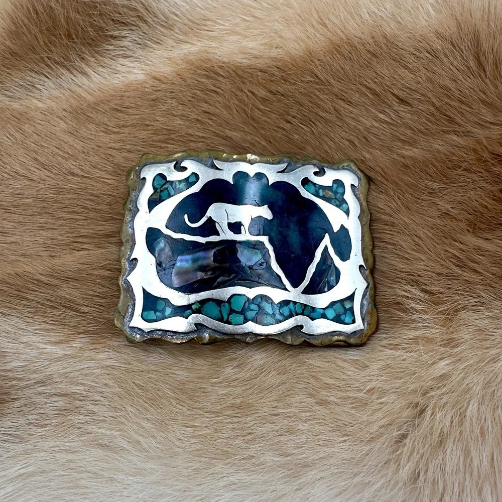 VTG Southwestern Panther Turquoise Abalone Chip Inlay Belt Buckle Mosaic Western